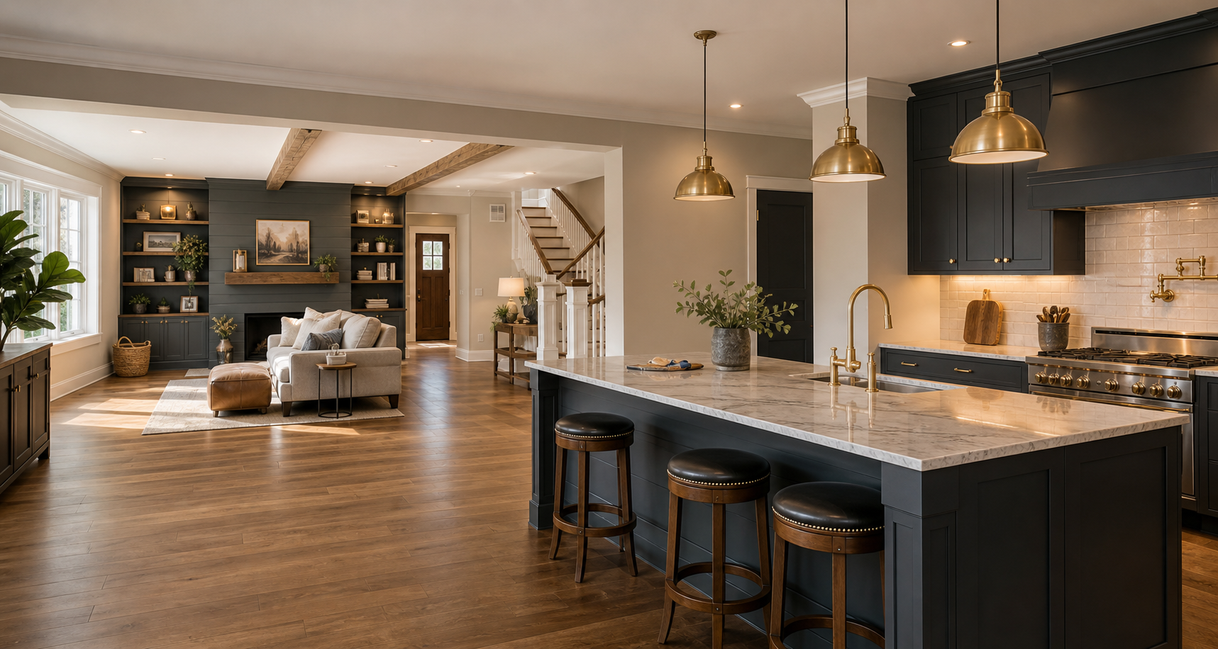 Finished custom interior remodeling work with warm wood, trim, and natural light